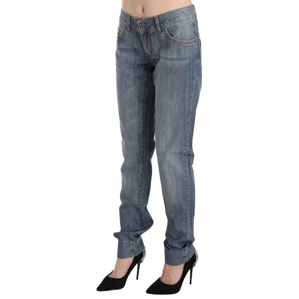Just Cavalli Blue Washed Cotton Low Waist Slim Fit Denim Pants - Picture 3 of 4